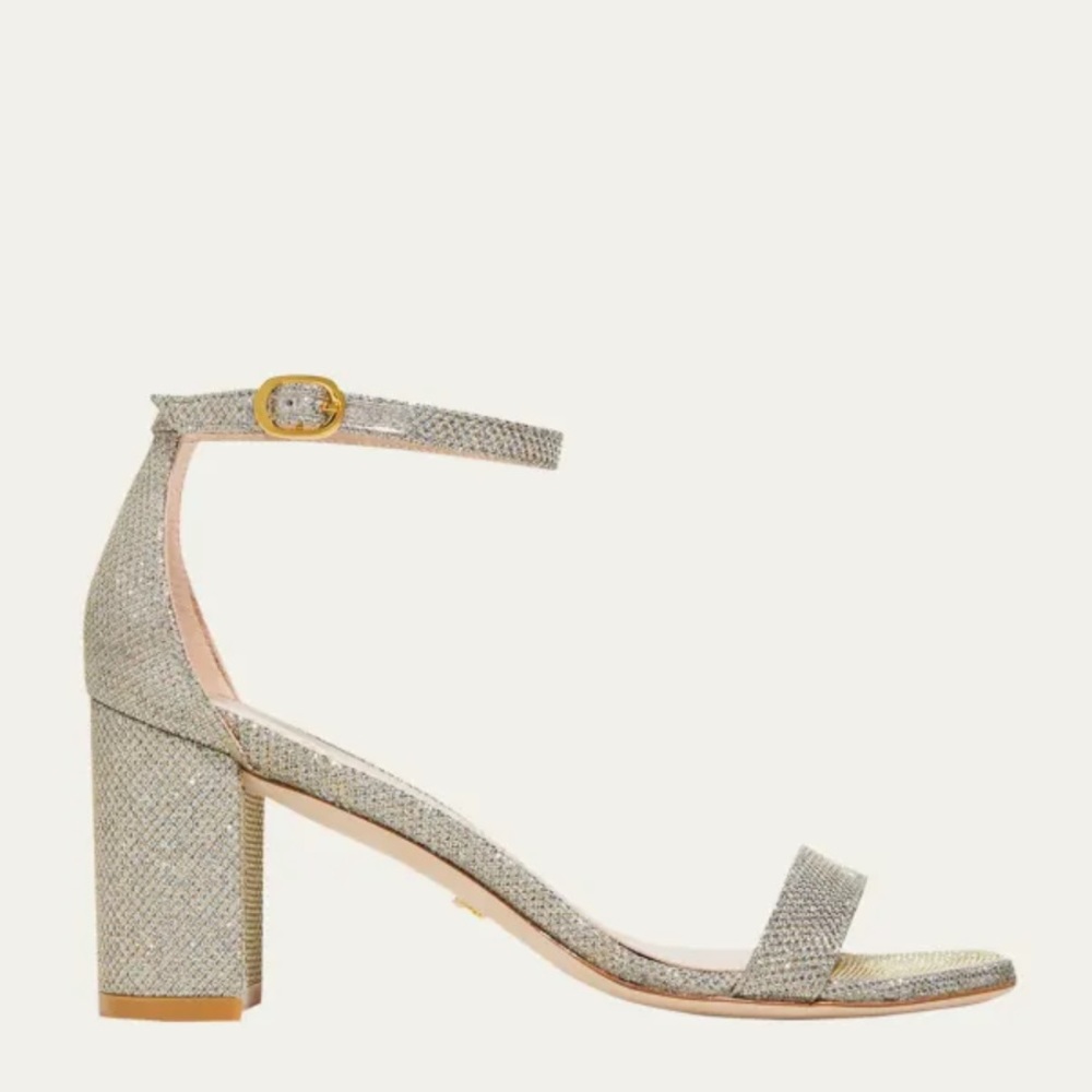 STUART WEITZMAN Nudistcurve Glitter Block-Heel Sandals 10.5 Silver Metallic